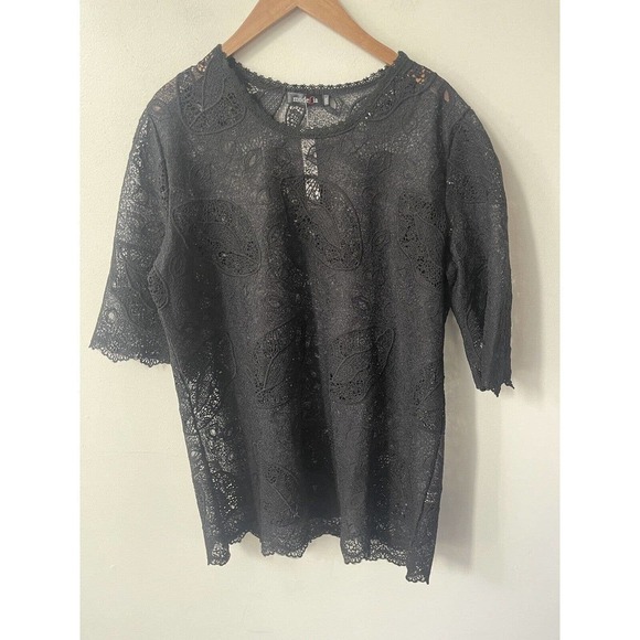 Modelia Women’s XXL Black Short Sleeve Cotton Poly Lace Embroidered Tunic Top - Picture 1 of 8